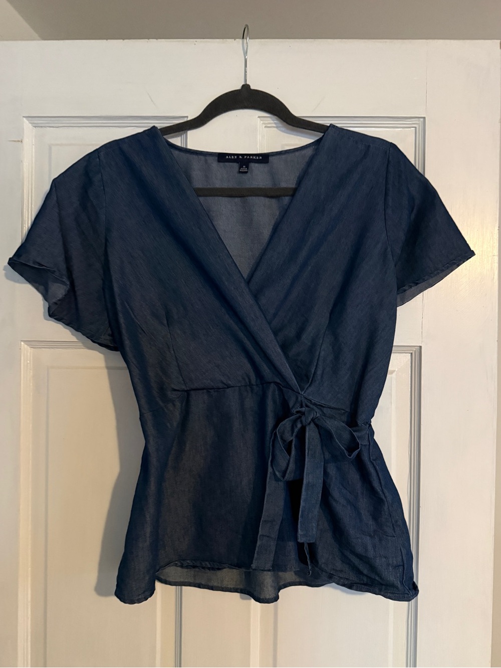 Alex & Parker Navy/Denim Short Sleeve Wrap Blouse